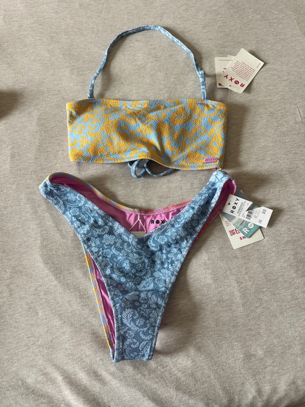 Roxy Tapestry Patchwork Bandeau Bikini Top and Bottoms - Blue & Yellow & Pink